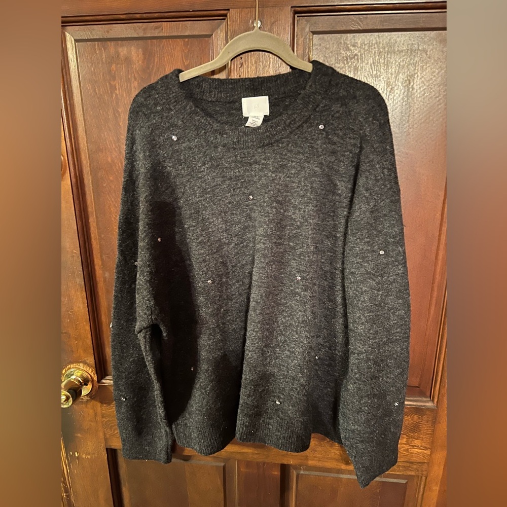 Dark grey sweater with pearl embellishments. Great for the holidays!